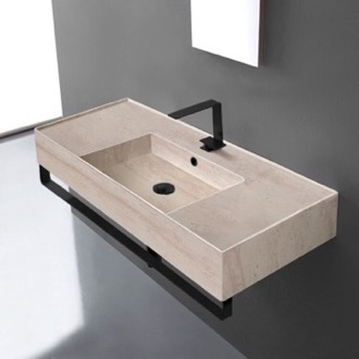 Bathroom Sink Beige Travertine Design Ceramic Wall Mounted Sink With Black Towel Bar Scarabeo 5124-E-TB-BLK